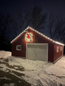 holiday lights and wreath